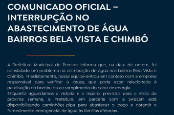 Interrupção no Abastecimento de Água nos Bairros Bela Vista e Chimbó
