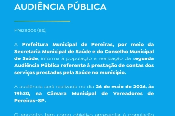Secretaria de Saúde realizará Audiência Pública de Prestação de Contas em Pereiras