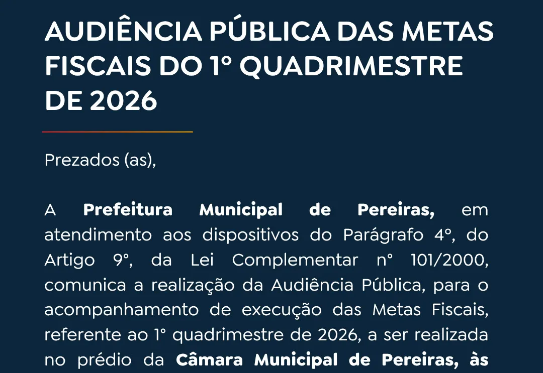 Prefeitura de Pereiras realizará Audiência Pública das Metas Fiscais do 1º Quadrimestre de 2026