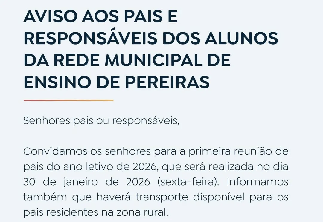 AVISO AOS PAIS E RESPONSÁVEIS DOS ALUNOS DA REDE MUNICIPAL DE ENSINO/PEREIRAS
