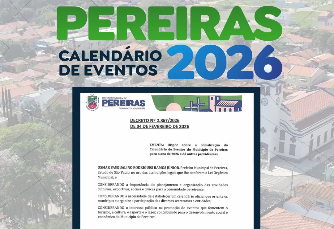 Prefeitura de Pereiras publica Calendário Oficial de Eventos para 2026